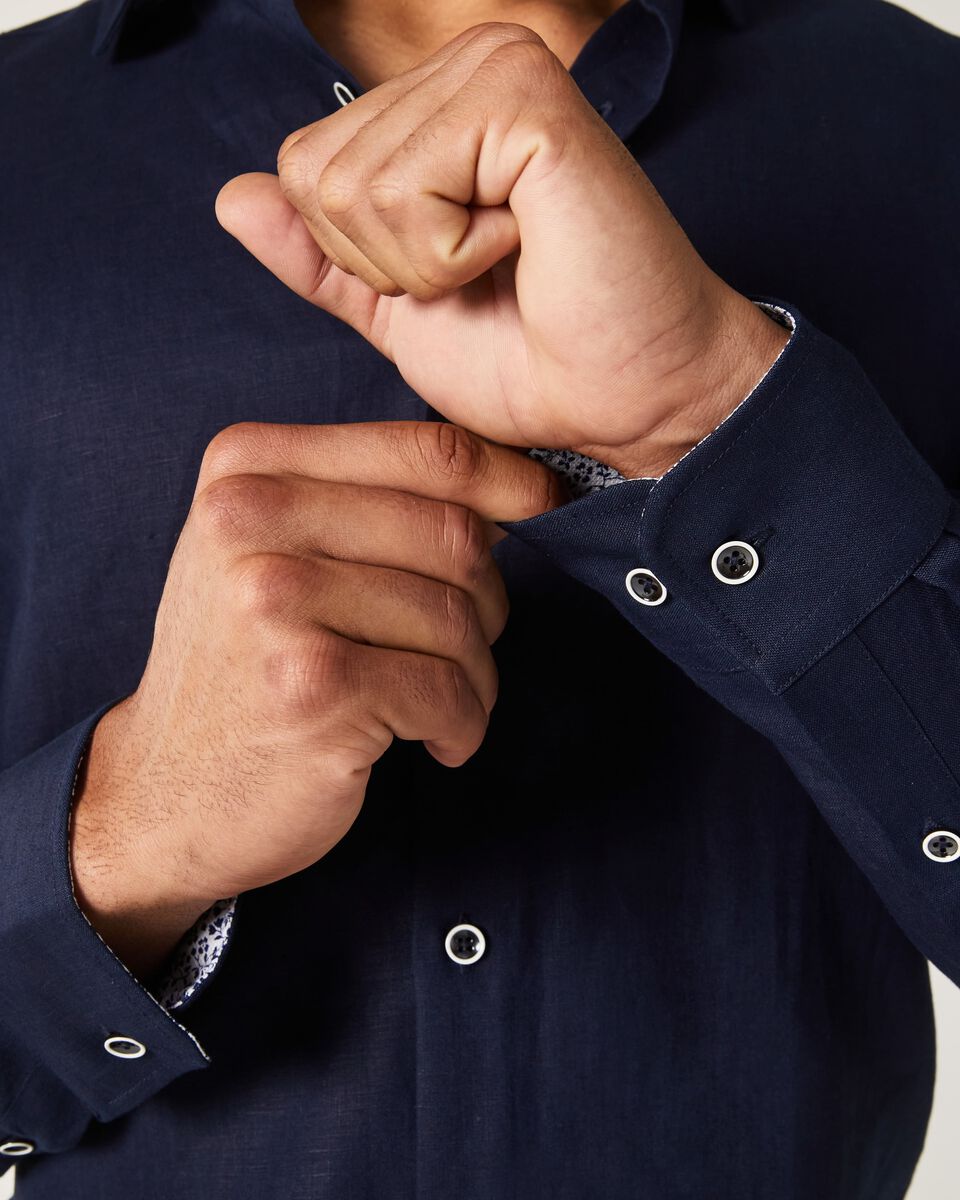 Mens Navy Linen Long Sleeve Shirt